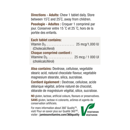 Jamieson - Vitamine D3 à croquer 1000 UI - Chocolat naturel riche | 100 comprimés
