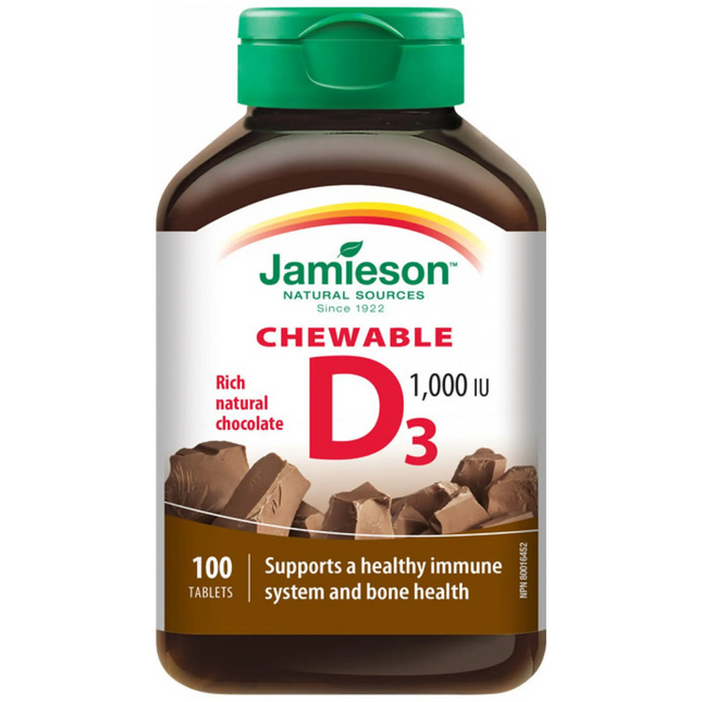 Jamieson - Vitamine D3 à croquer 1000 UI - Chocolat naturel riche | 100 comprimés