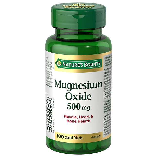 Nature's Bounty - Oxyde de magnésium 500 mg pour la santé des muscles, du cœur et des os | 100 comprimés enrobés