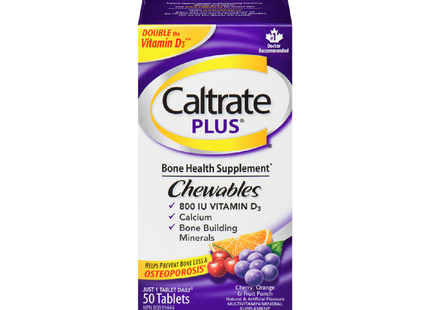 Caltrate Plus - Complément alimentaire pour la santé osseuse Saveur cerise, orange et punch aux fruits | 50 comprimés