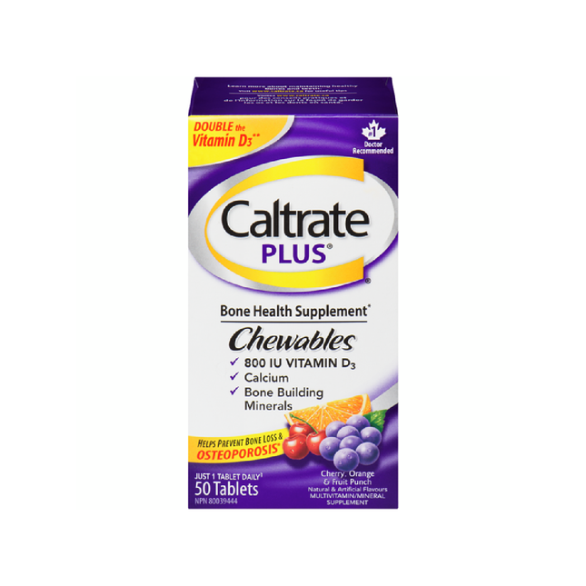 Caltrate Plus - Complément alimentaire pour la santé osseuse Saveur cerise, orange et punch aux fruits | 50 comprimés