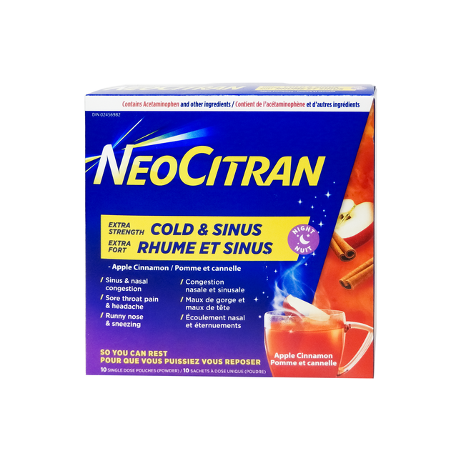 NeoCitran - Extra Strength Cold & Sinus Night - Apple Cinnamon | 10 pouches