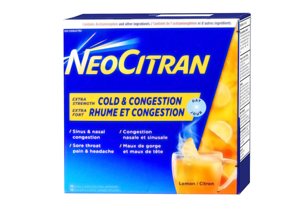 NeoCitran - Rhume et congestion extra-forts sans somnolence - Citron | 10 pochettes