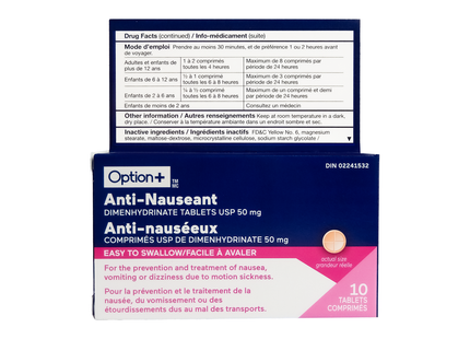 Option+ Comprimés antinauséeux 50 mg - Adultes | 10 comprimés