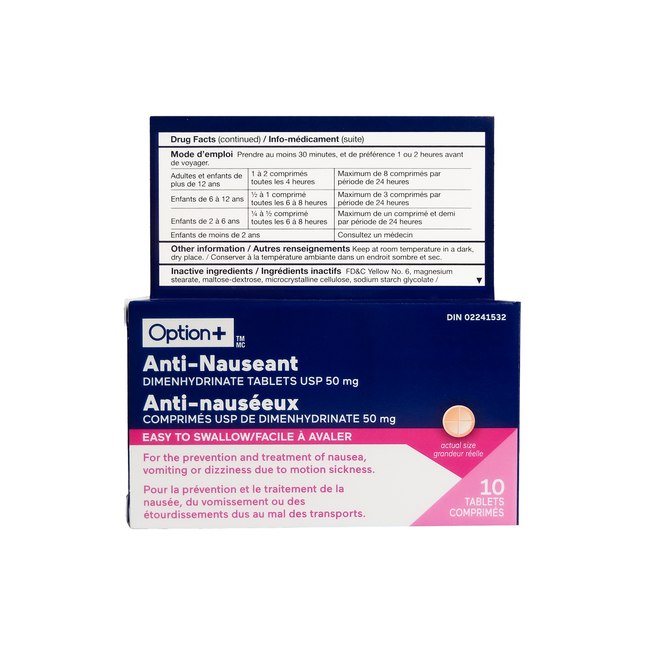 Option+ Comprimés antinauséeux 50 mg - Adultes | 10 comprimés