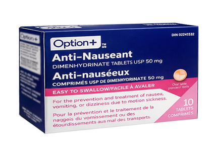 Option+ Comprimés antinauséeux 50 mg - Adultes | 10 comprimés