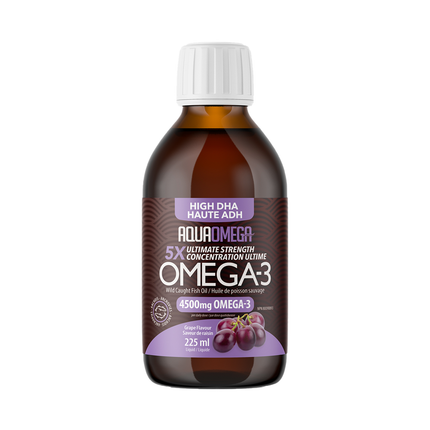 AquaOmega - Huile de poisson sauvage riche en oméga-3 et en DHA, saveur raisin | 225 ml