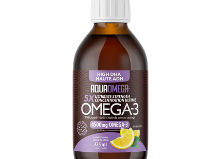 Aquaomega - Huile de poisson sauvage Omega-3 5X Ultimate Strength 4500mg DHA élevé, saveur citron | 225 mL