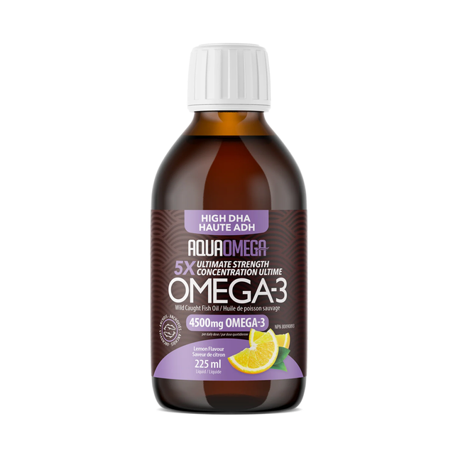 Aquaomega - Huile de poisson sauvage Omega-3 5X Ultimate Strength 4500mg DHA élevé, saveur citron | 225 mL