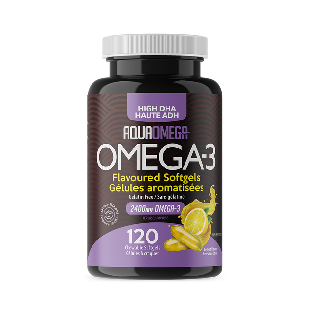 AquaOmega - Comprimés à croquer Omega 3 - Gélules molles à base d'huile de poisson sauvage à haute teneur en DHA, saveur citron | 120 gélules molles