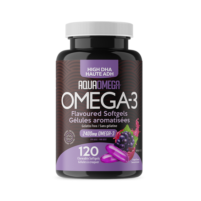 AquaOmega - Huile de poisson sauvage riche en DHA, saveur raisin | 120 gélules à croquer
