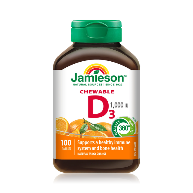 Jamieson - Vitamine D3 à croquer 1000 UI - Orange piquante naturelle | 100 comprimés