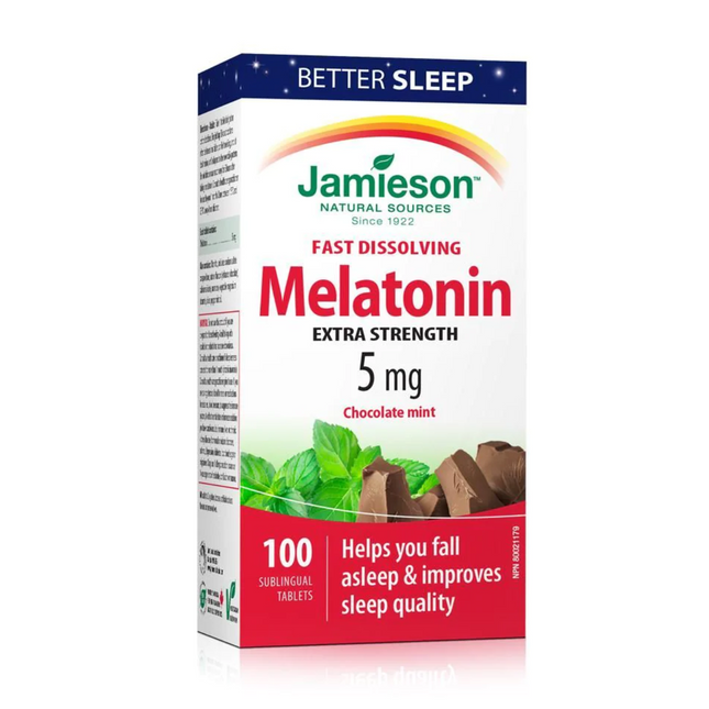 Jamieson - Mélatonine extra forte à dissolution rapide 5 mg - Menthe chocolat | 100 comprimés sublinguaux