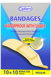 Option+ - Waterproof Regular Bandages with Silver | 10 + 10 Bonus Size
