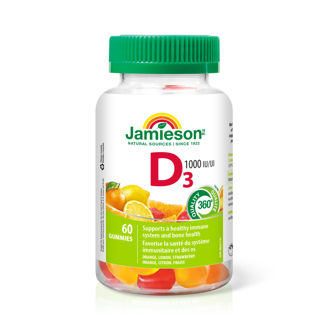 Jamieson - Gummies Vitamine D3 1000 UI - Orange, Citron et Fraise | 60 gommes