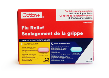 Option+ Extra Strength Flu Relief Daytime & Nighttime Relief | 10 Daytime + 10 Nighttime Caplets