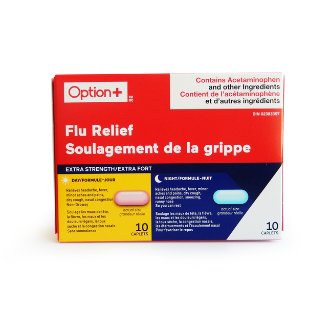 Option+ Extra Strength Flu Relief Daytime & Nighttime Relief | 10 Daytime + 10 Nighttime Caplets