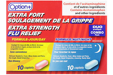 Option+ Soulagement extra fort de la grippe Soulagement de jour et de nuit | 10 caplets de jour + 10 caplets de nuit