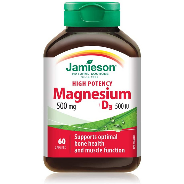 Jamieson - Magnésium haute puissance + D3 500 mg et 500 UI | 60 comprimés