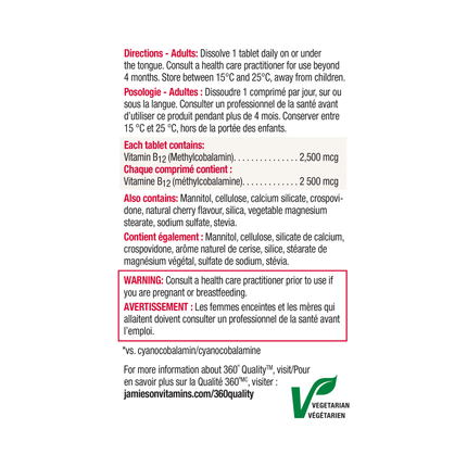 Jamieson - Vitamine B12, 2500 mcg | 60 comprimés sublinguaux