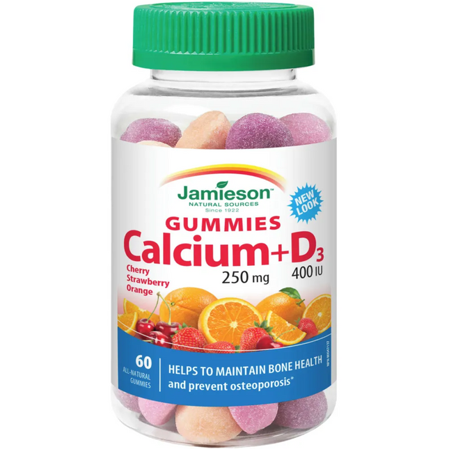 Jamieson - Gummies Calcium 250 mg + D3 400 UI - Cerise, Fraise et Orange | 60 gommes