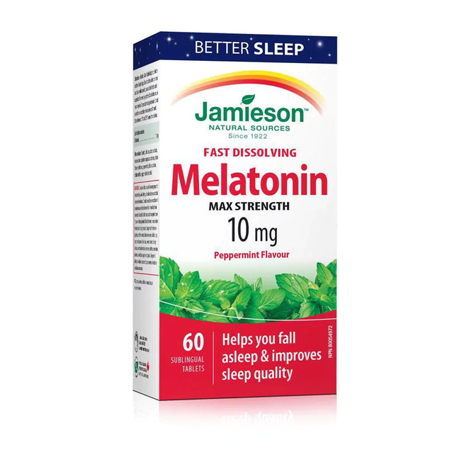 Jamieson - Mélatonine à dissolution rapide de force maximale 10 mg - Saveur de menthe poivrée | 60 comprimés sublinguaux