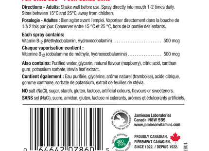 Jamieson - Spray Énergie Vitamine B12 Format Voyage, Framboise Naturelle | 58 mL