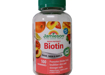 Jamieson - Biotine à haute puissance, saveur mangue pêche, citron doux et punch aux fruits | 100 bonbons gélifiés