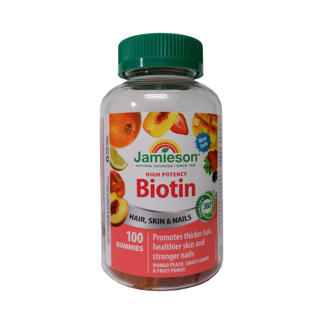 Jamieson - High Potency Biotin, Mango Peach, Sweet Lemon, & Fruit Punch Flavour | 100 Gummies