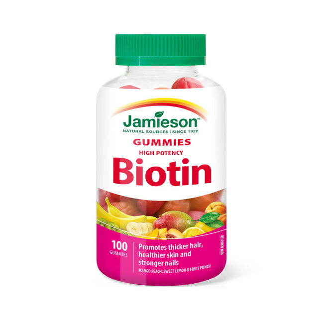 Jamieson - Biotine à haute puissance, saveur mangue pêche, citron doux et punch aux fruits | 100 bonbons gélifiés
