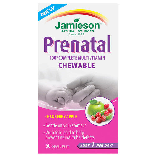 Jamieson - Prenatal 100% Complete MultiVitamin with Iron - Cranberry Apple Flavour | 60 Chewable Tablets