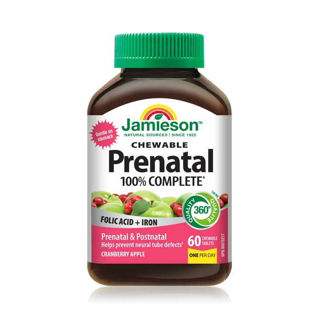 Jamieson - Multivitamines prénatales complètes à 100 % avec fer - Saveur pomme canneberge | 60 comprimés à croquer