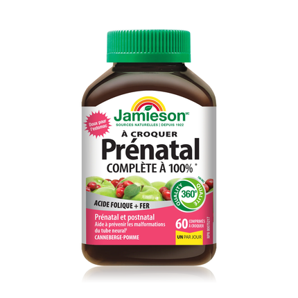 Jamieson - Multivitamines prénatales complètes à 100 % avec fer - Saveur pomme canneberge | 60 comprimés à croquer