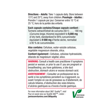 Jamieson - Curcumine Curcuma, 9000 mg (herbe crue) | 30 gélules végétariennes