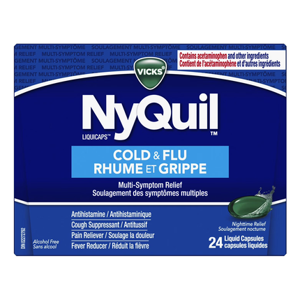 Vicks - NyQuil Rhume et Grippe, Soulagement Multi-Symptômes Nuit | 24 Capsules Liquides