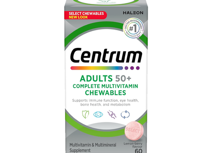 Centrum - Adults 50+ Complete Multivitamin & Mineral Supplement Chewables - Lemon-Berry Flavour | 60 Tablets