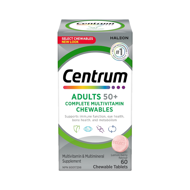 Centrum - Adults 50+ Complete Multivitamin & Mineral Supplement Chewables - Lemon-Berry Flavour | 60 Tablets
