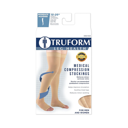 Truform – Thigh High Compression Stockings, Open Toe, Beige | 15–20 mmHg