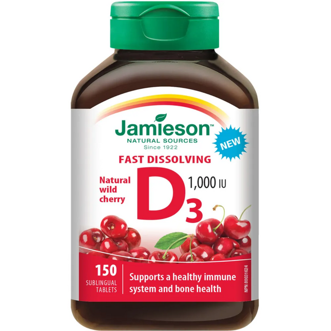 Jamieson - Vitamine D3 à dissolution rapide 1000 UI - Cerise sauvage naturelle | 150 comprimés sublinguaux