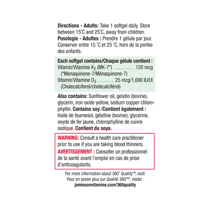Jamieson Vitamine K2 120 mcg + Vitamine D3 1000 UI | 30 gélules