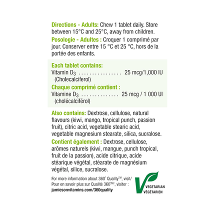 Jamieson - Chewable Vitamin D3 1000 IU - Exotic Tropical Fruit | 100 Tablets