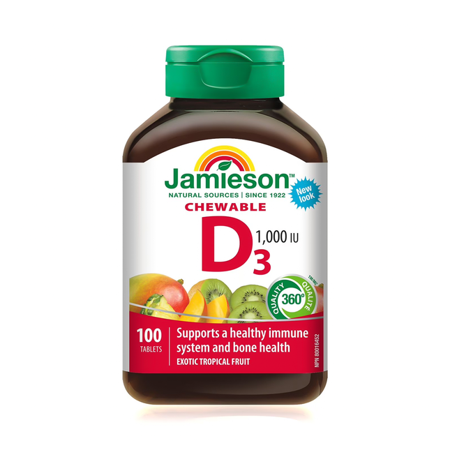 Jamieson - Chewable Vitamin D3 1000 IU - Exotic Tropical Fruit | 100 Tablets