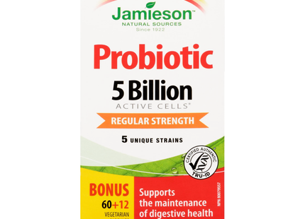 Jamieson - Probiotic 5 Billion Active Cells 5 Unique Strains - Regular Strength | 60+12 Vegetarian CapsulesACIDOPHILUS 5 BILLIONS-72