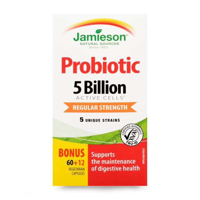 Jamieson - Probiotic 5 Billion Active Cells 5 Unique Strains - Regular Strength | 60+12 Vegetarian CapsulesACIDOPHILUS 5 BILLIONS-72