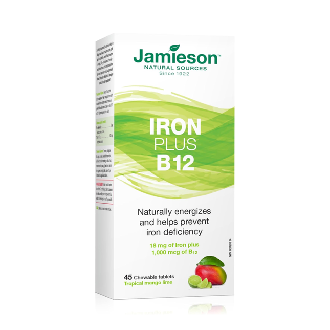Jamieson - Fer + B 12 Mangue Tropicale Lime | 45 comprimés à croquer