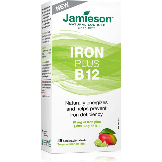 Jamieson - Fer + B 12 Mangue Tropicale Lime | 45 comprimés à croquer