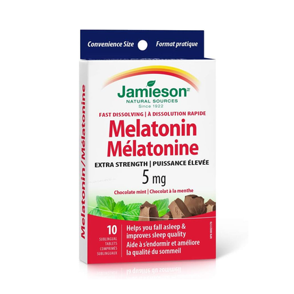 Jamieson - Mélatonine 5 mg Extra-fort, Menthe chocolatée | 10 comprimés sublinguaux