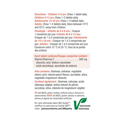 Jamieson - Chewable Vitamin C Supplement 500 mg - Juicy White Peach | 100+20 Bonus Tablets