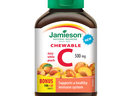 Jamieson - Chewable Vitamin C Supplement 500mg - Juicy White Peach | 100+20 Bonus Tablets