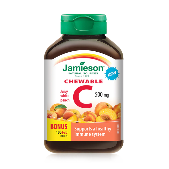 Jamieson - Chewable Vitamin C Supplement 500mg - Juicy White Peach | 100+20 Bonus Tablets